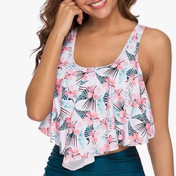 KABETY Women Two Pieces Bathing Suits Ruffled Racerback High Waisted Bikini Set - Picture 7 of 9